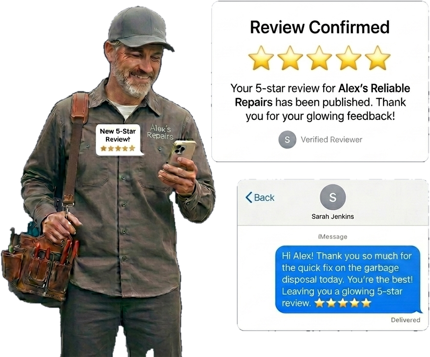 Contractor checking his phone as a five-star review lands, beside the review confirmation and the customer's text